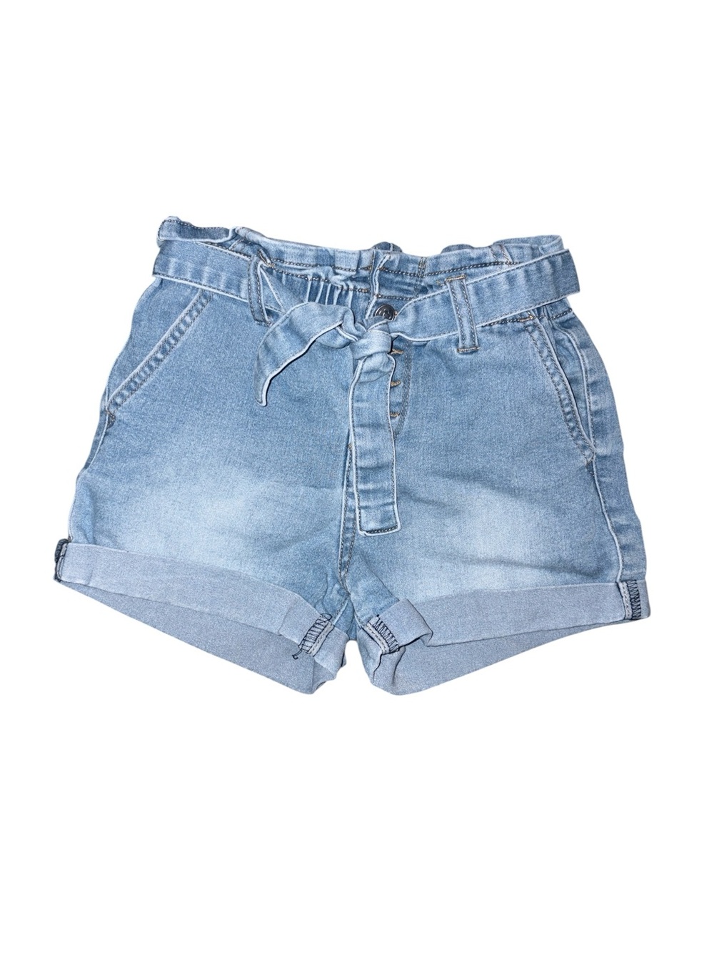 Beautees Girls High-Rise Light Blue Denim Paperbag Tie Waist Shorts